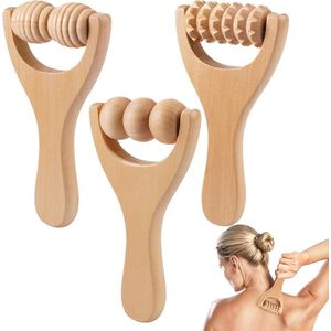Massageroller met handgrepen - 3 stuks - 15 x 8 cm - houten massageroller voor rugspieren - handmatig houttherapie-massagegereedschap - voor dieptemassage verlichting van spierspanning - ontspanning en herstel