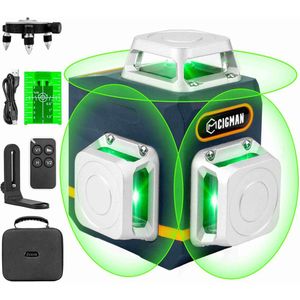 CIGMAN CM-701 3x360° zelfnivellerende laserwaterpas, 100ft 3D groene kruislijn, oplaadbare batterij, afstandsbediening - EU-stekker