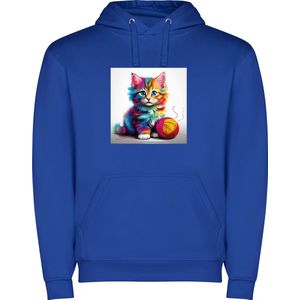 Kobalt Blauwe unisex hoodie met “ Kleurrijke Kitten met bol wol“ Print Full merk Roly maat 128 7/8 jaar