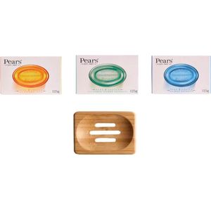 Pears zeep, pakket van 3 (1 natuurlijke oliën + 1 muntextract + 1 citroenbloemextract) elk 125 g met Sanitral Natuurlijke Houten Bamboe Zeepbakje Opslaghouder
