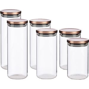 6x stuks glazen luxe keuken voorraadpotten/voorraadbussen rose gouden deksel 1000 ml-1380 ml-1700 ml - 2x stuks per formaat