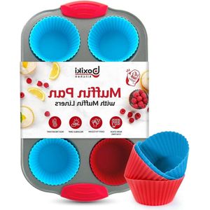 Muffinbak van staal, anti-aanbaklaag - 6 kopjes - siliconen handgrepen - herbruikbare voeringen - voor muffins en cupcakes - Boxiki Kitchen Muffin tin
