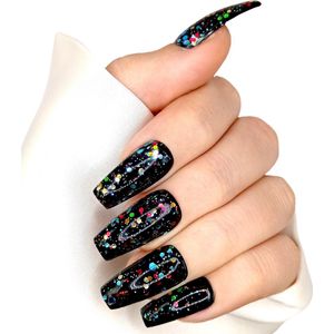 SD Press on Nails - B-235- Plaknagels - Nagelset 20 Nagels - Nepnagels - Zwart - Multiglitter - Gellak - Nagellak - Lange Coffin Tapered Nageltips - Nepnagels met Lijm - Nail Art - Handmade - Valse nagels - Nagelvijl - Accessoires - Lange Nagels