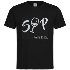 T-shirt Unisex Volwassenen Lol - carnaval - kermis - feestje - grappig - Weekend - Wijn - Tekst ""Sip happens"" Op Voorkant | korte mouw | Zwart/Zilver GLITTER | maat XL