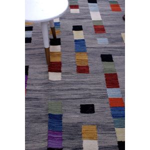 Grijs Tapijt Laagpolig Handgeweven Wollen Vloerkleed - Koho Afghan Modern Kelim 225x166 - 225x166cm- Modern - Woonkamer - Salon - Slaapkamer - Eetkamer