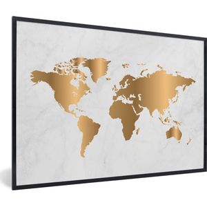 Fotolijst incl. Poster - Wereldkaart - Goud - Marmerlook - Luxe - Design - 120x80 cm - Posterlijst
