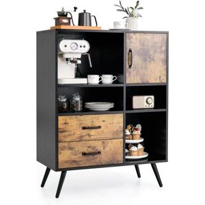 Boekenkast met enkele deur, 4 open planken en 2 laden, houten boekenkast, staand rek, buffetkast, opbergrek voor woonkamer, werkkamer, keuken, 80 x 40 x 106 cm