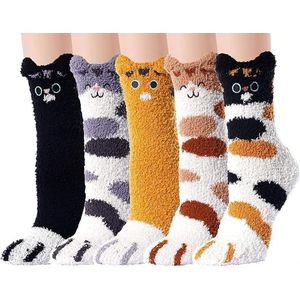 Huissokken - Warme Winter Sokken Dames - Set Van 5 Paar - Dames Pluche Sokken - Sokken Dames - Slaapsokken - Fluffy Sokken - Kat Klauw - Schattige Dierensokken - Verjaardag - Geschenk Vrouw - Dikke, Verwarmende Kwaliteit - Kerstcadeau