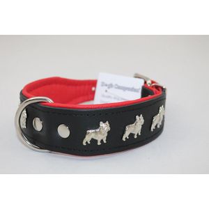 Dog's Companion Leren Halsband - Franse Bulldog - Lengte: 65cm Verstelbaar van: 51-60 cm x 40 mm - Zwart/Rood