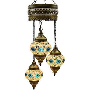 Turkse hanglamp 3 glazen bollen Oosterse plafondlamp turkoois wit mozaïek