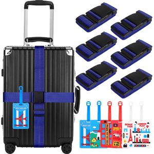 6-delige kofferriemset: kofferriem Bagageriem met 6 bagagelabels Bagageriemen voor tas Veilig reizen Verstelbare bagageriemen Opvallende bagageriem voor koffer (blauw)