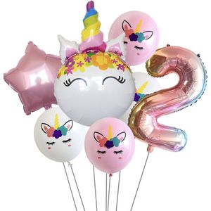 Unicorn Ballonnen Set - 2 Jaar - 7 Stuks - Kinder Verjaardag - Thema Feest Unicorn - Eenhorn Kinderfeestje - Feestversiering / Verjaardag Ballonnen - Eenhoorn / Paarden - Meisjes Versiering - Roze Ballonnen Verjaardag - Witte ballonnen - Helium