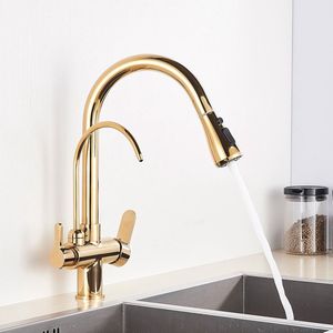Goud Waterfilter Kranen Keukenkraan Dual Handvat Badrandcombinaties Mengkraan 360 Graden Rotatie Waterzuivering Functie Kraan