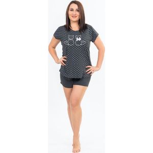 Vienetta | Dames shortama | S - 4XL | Korte Mouwen | donkergrijs | katten patron | XL+