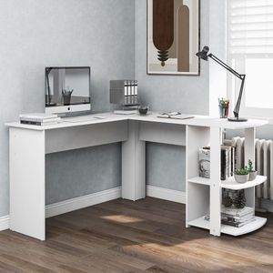 Sweiko Hoekbureau, 140 CM Computer Bureau, L-vormige Hoekbureau met 2-planken, H75/B140/L140 CM, Wit