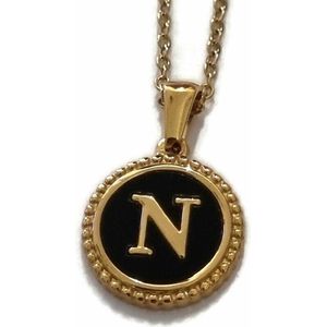 Aramat jewels -ketting-letter n- chirurgisch staal - zwart - goudkleurig-45cm - dames- rond