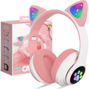Draadloze Kinderhooftelefoon met Kattenoren en LED Verlichting - Bluetooth Hoofdtelefoon voor Kinderen