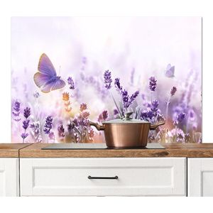 Spatscherm keuken 120x80 cm - Kookplaat achterwand Lavendel - Vlinder - Paars - Bloemen - Natuur - Muurbeschermer - Spatwand fornuis - Hoogwaardig aluminium
