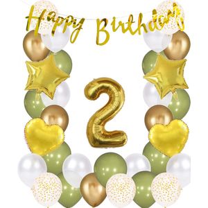 Snoes Ballonnen 2 Jaar Wit Olijf Groen Goud Mega Ballon - Compleet Feestpakket 2 Jaar - Verjaardag Versiering Slinger Happy Birthday – Folieballon – Latex Ballonnen - Helium Ballonnen - Olive Green Verjaardag Decoratie