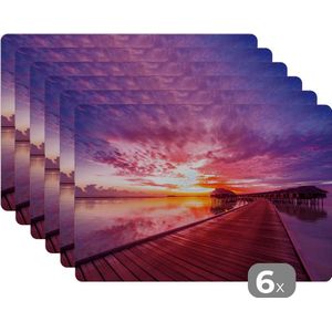 Placemat - Placemats kunststof - Steiger - Water - Zon - Roze - Horizon - 45x30 cm - 6 stuks - Hittebestendig - Anti-Slip - Onderlegger - Afneembaar