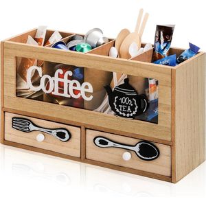 Koffie-organizer bar, rustieke koffiestation-organizer voor werkblad, houten koffiestation-accessoires organizer met 2 lades voor koffiehoek