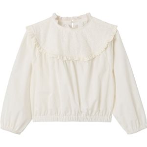 Blouse - Ecru - Meisjesblouse van Twee Materialen - Met Engels Borduurwerk