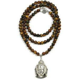 Heaven Eleven - natuursteen tijgeroog 8mm - sterling zilver 925 grote buddha hoofd - handmade- 80cm