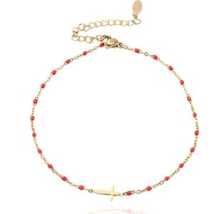 Enkelband Goud & Emaille - Cross Red