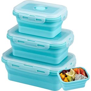 Opvouwbare voedselopbergdozen, set van 3 siliconen lunchboxen, herbruikbare containers, blauwe lunchbox, rechthoekige opbergcontainers voor magnetrons, koelkasten, 350/500/800 ml.