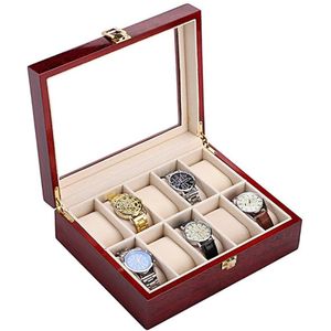 Horlogedoos | Luxe Houten Horloge Box | Geschikt voor Horloges en Sieraden | 10 Compartimenten met 10 Kussentjes | Hout