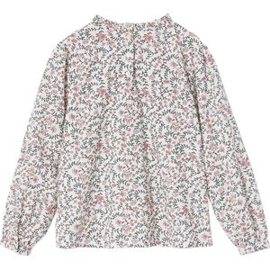Blouse - Ecru - Meisjes - Hoge Kraag - Bloemenprint - Lange Pofmouwen