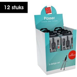 SOHO passer – Snel verstelbaar – Verstelbare benen – Inclusief slijper – Inclusief passerpuntjes – Staal/kunststof – 3–delig – Zwart/grijs – 12 stuks