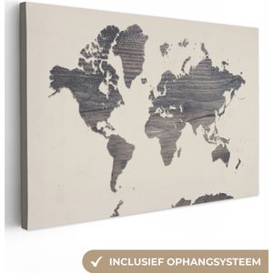 Canvas Wereldkaart - 140x90 - Wanddecoratie Wereldkaart - Grijs - Hout
