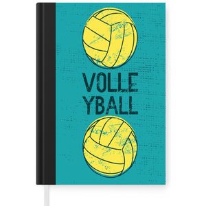 Notitieboek - Schrijfboek - Volleybal illustratie met quote ''volleyball'' op blauwe achtergrond - Notitieboekje klein - A5 formaat - Schrijfblok
