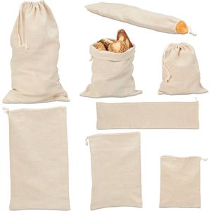 Relaxdays katoenen broodzak - 8-delige set - stoffen zak - met trekkoord - herbruikbaar