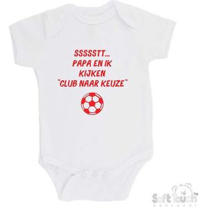 Soft Touch Romper Gepersonaliseerd Voetbal Club naar Keuze ""ssssstt Papa en ik kijken ...."" Unisex Katoen Wit/rood Maat 62/68