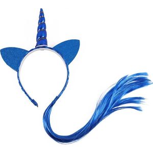 Eenhoorn haarband blauw unicorn diadeem met haar en oortjes - blauwe hoorn haar glitter vlecht extensions festival