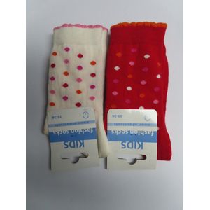 Sokken - 2 Pack - Meisjes- Creme en rood met stippen - 35 / 38