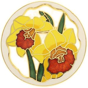 Behave® Dames Broche rond bloemen narcis geel wit - emaille sierspeld -  sjaalspeld  4,5 cm