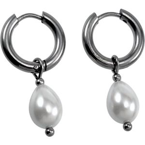 ∅15mm x 2,5mm Oorbellen Dames - Gepolijst RVS - Oorringen met Witte Druppelhangers