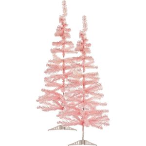 2x stuks kleine lichtroze kerstbomen van 120 cm van kunststof met voet - Mini boompjes voor kinderkamer/kantoor