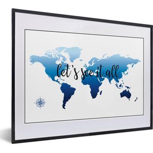 Fotolijst incl. Poster - Wereldkaart - Blauw - Kompas - 40x30 cm - Posterlijst