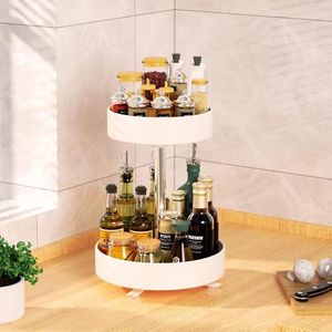 Roterend Metalen Kruidenrek 2 niveaus Organizers Lazy Susan Pantry Draaitafel Keukenkast Badkamer - Wit