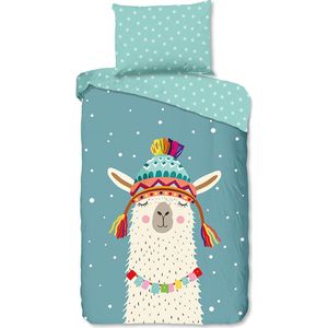 Good Morning - Lama’s Winterfeest - Flanel Dekbedovertrek - Petrol - 140 x 200/220 cm