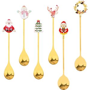 Verpakking van 6 stuks kerstkoffielepels, kerstlepelset, eland, roerlepel, roestvrij staal, lepels voor Kerstmis, feest, tafeldecoratie, bar, café, keuken, Kerstmis, oudejaarsavond, tafeldecoratie