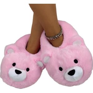Grappige pantoffels | Roze Beer sloffen | One size fits all maat 32 t/m 38 voor Kinderen, Dames en Heren | Pantoffel dierensloffen | Pluche dierenpantoffels | zachte binnenschoenen | Sloffen en Pantoffels maat 32, 33, 34, 35, 36, 37, 38