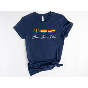 Lykke Peace Love Pride tshirt| LGBTQ+|Pride| Rainbow Heart Gay Pride Quote |Equality Shirt | Pride Month | Unisex T-shirt| Navy| Maat S