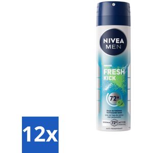 12 x NIVEA MEN - Deodorant Spray - Fresh Kick - 150 ml - Anti-transpirant Spray - Cactuswater - Frisheid - Huidbescherming - 72 Uur Bescherming