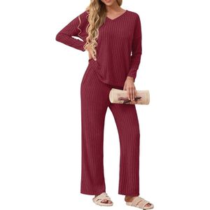 Dames Pyjama en Loungewear Set - 2-Delig, V-Hals, Lange Mouwen en Wijde Pijpen