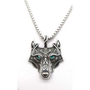 RVS - Beschermhanger - Viking Fenrir - Wolf - hanger met groene kristal ogen, incl RVS Ketting L 60 cm x D 3.5 mm